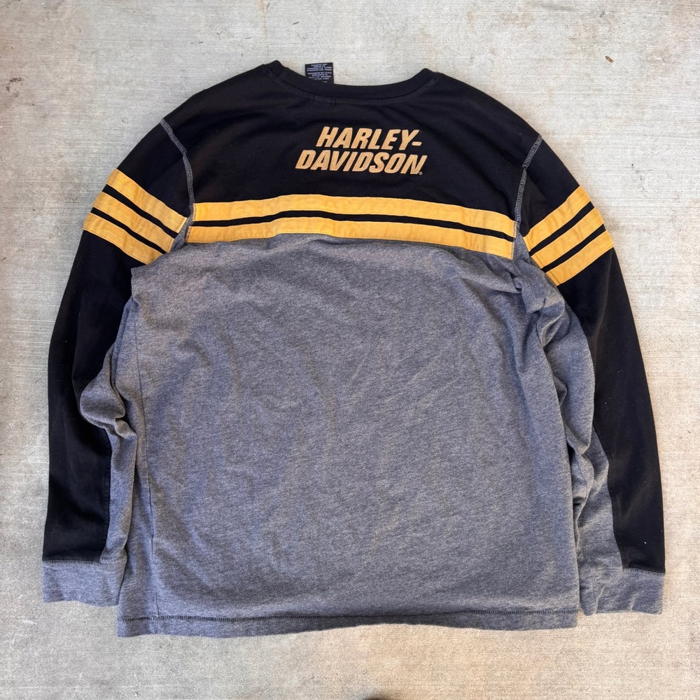 Harley Davidson Mens XL Long Sleeve Colorblock Shirt Black Gray Yellow Biker Tee - Picture 8 of 8